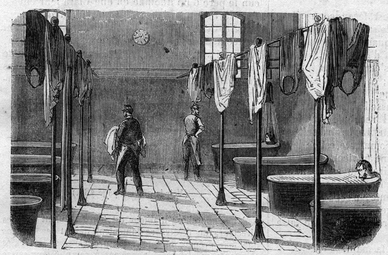 Sainte Anne (Sainte-Anne) asyl i Paris: badeværelset - gravering i ""Le Journal Illustrée"" af Unknown artist