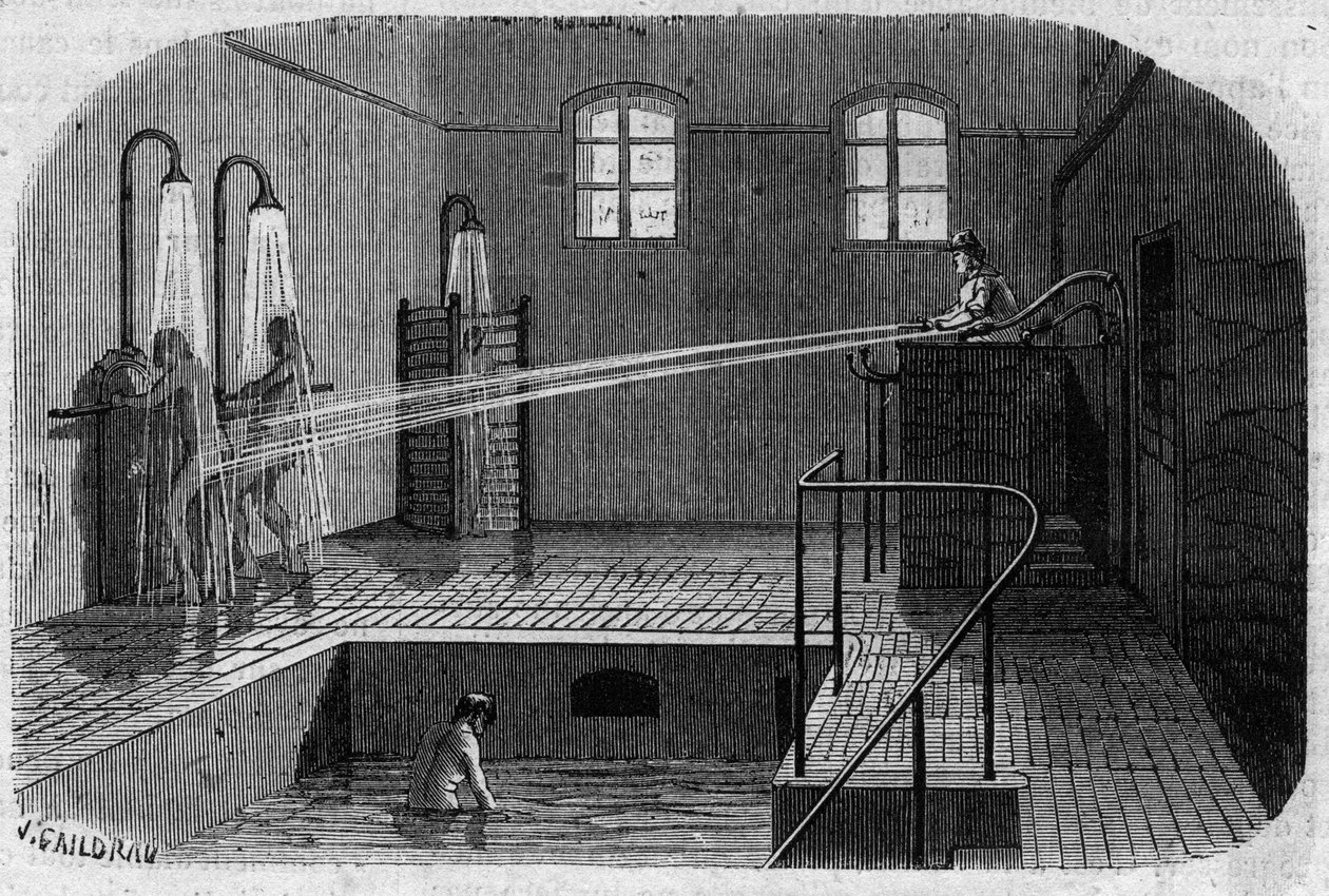 Sainte Anne (Sainte-Anne) asyl i Paris: Hydroterapi - gravering i ""Le Journal Illustre"" af Unknown artist