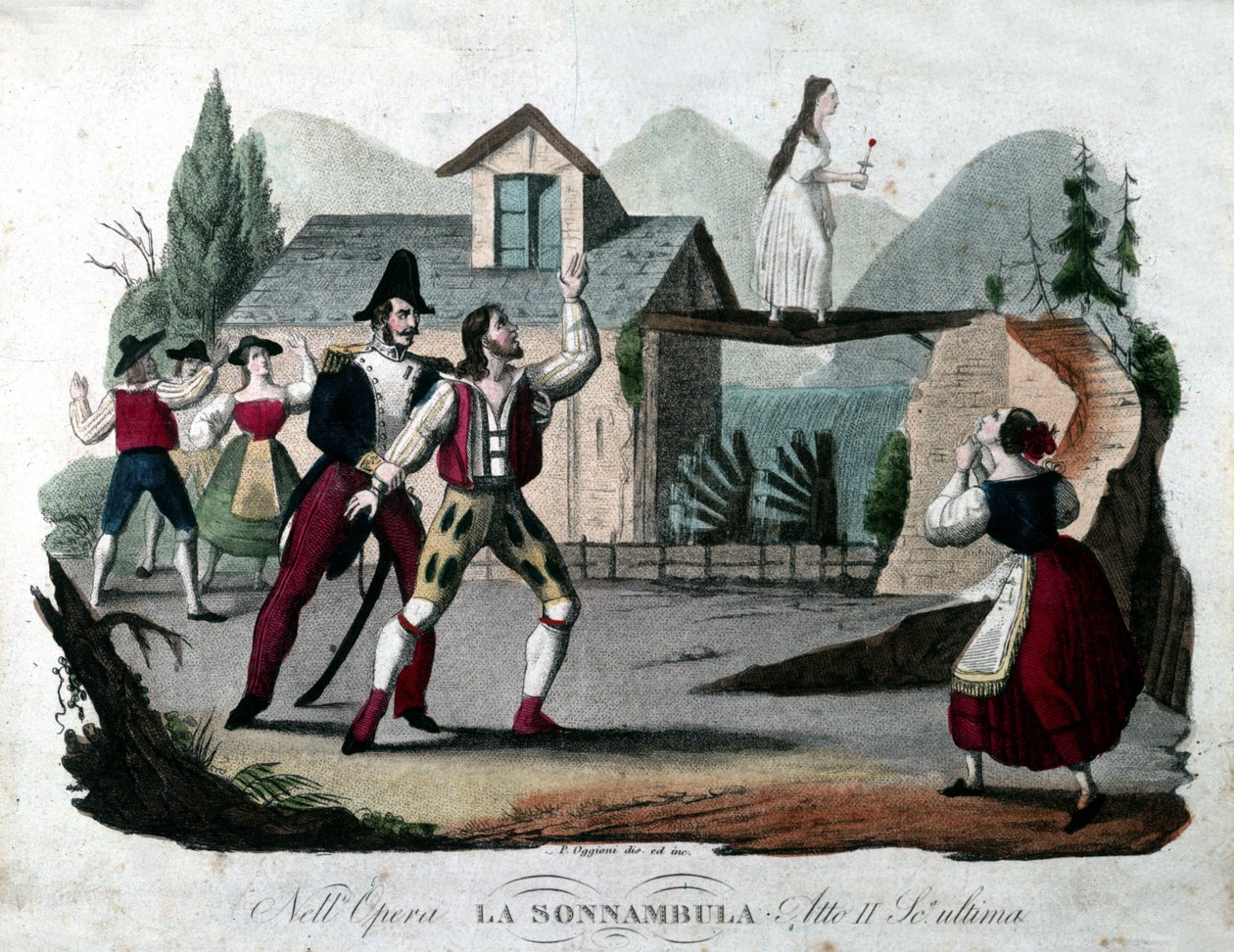 Sidste scene i 2. akt af "Le somnambule (La sonnambula") af Vincenzo Bellini. Stik fra 1835. af Unknown artist