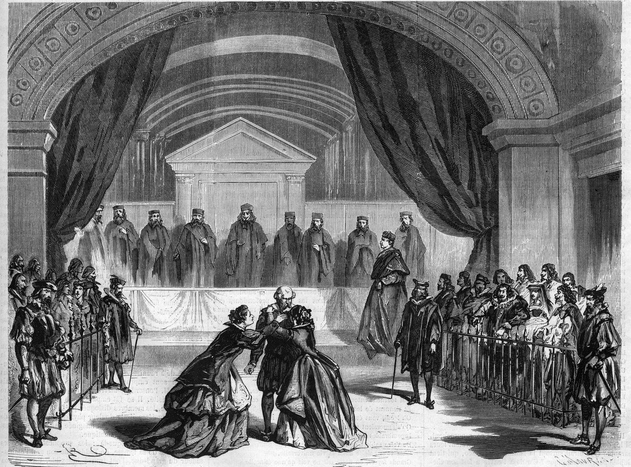Sidste etape af teaterstykket "" Galilee", et treakters drama af Francois Ponsard, en fransk digter og dramatiker (1814-1867) spiller på det franske komedieteater i Paris. Gravering i "" L