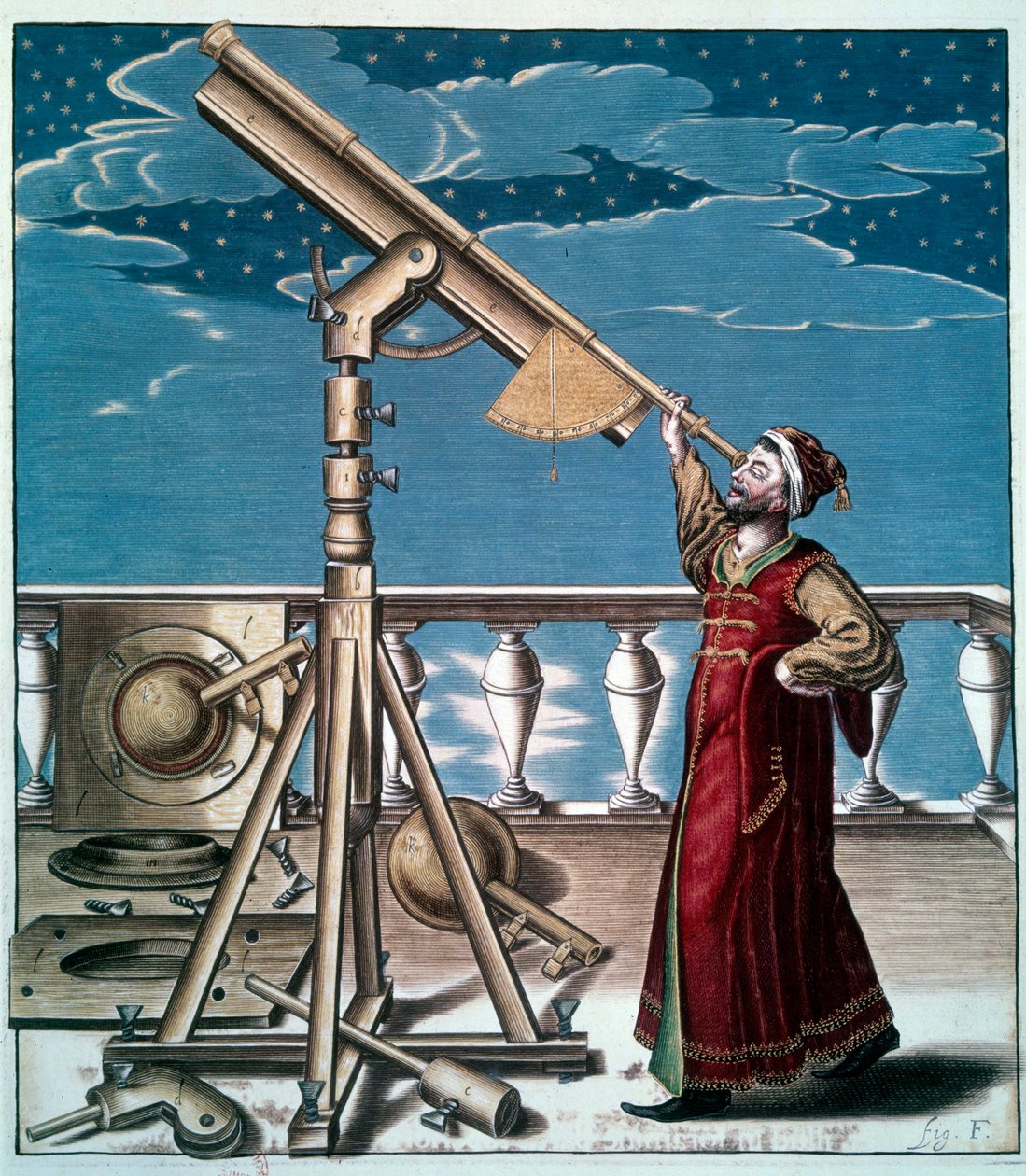 Astronomen: en mand ser stjernerne i den astronomiske ramme - Engraving du 17eme century - Paris, B.N. - Astronom: En mand ser på stjernerne i teleskopet - Gravering af Unknown artist