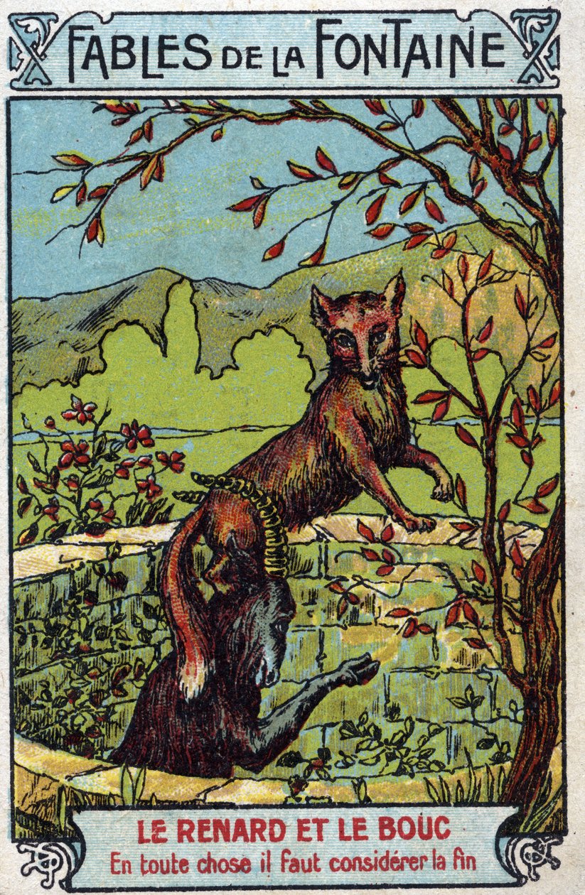 Le Fox et le Bouc - Fabler af Jean de La Fontaine (1621-95) - Kromolitografi af slutningen af det 19. århundrede privatsamling af Unknown artist
