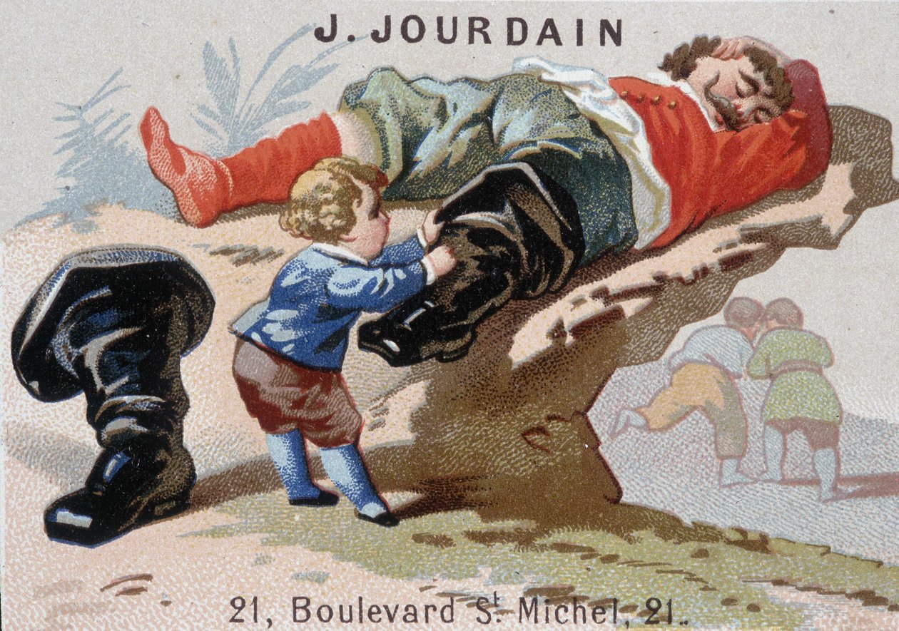 Le Petite Poucet fjerner sine syv-ligastøvler med asoupi ogre - Reklamemærket Jourdain af Unknown artist