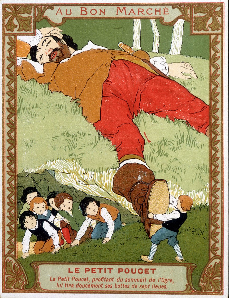 Le Petite Poucet tager sine syv-ligastøvler af til asoupi ogre - Bon Marché-reklamemærket, slutningen af det 19. århundrede af Unknown artist