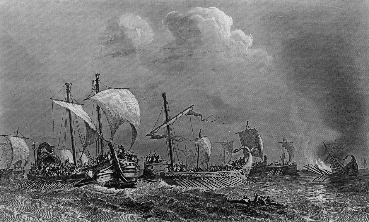 Kampen om Salamis og nederlaget til Xerces, 5. århundrede. i "General History of the Navy" under ledelse af Mr. Van Tenac af Unknown artist
