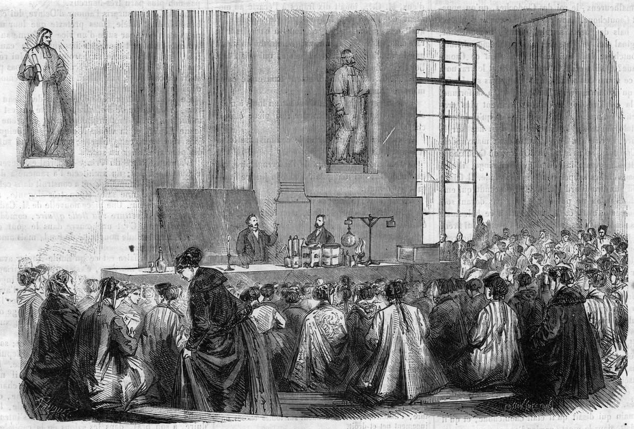 Sekundæruddannelseskursus for unge piger på Sorbonne: Kemi-lektion - gravering i ""Le Journal Illustre"" af Unknown artist