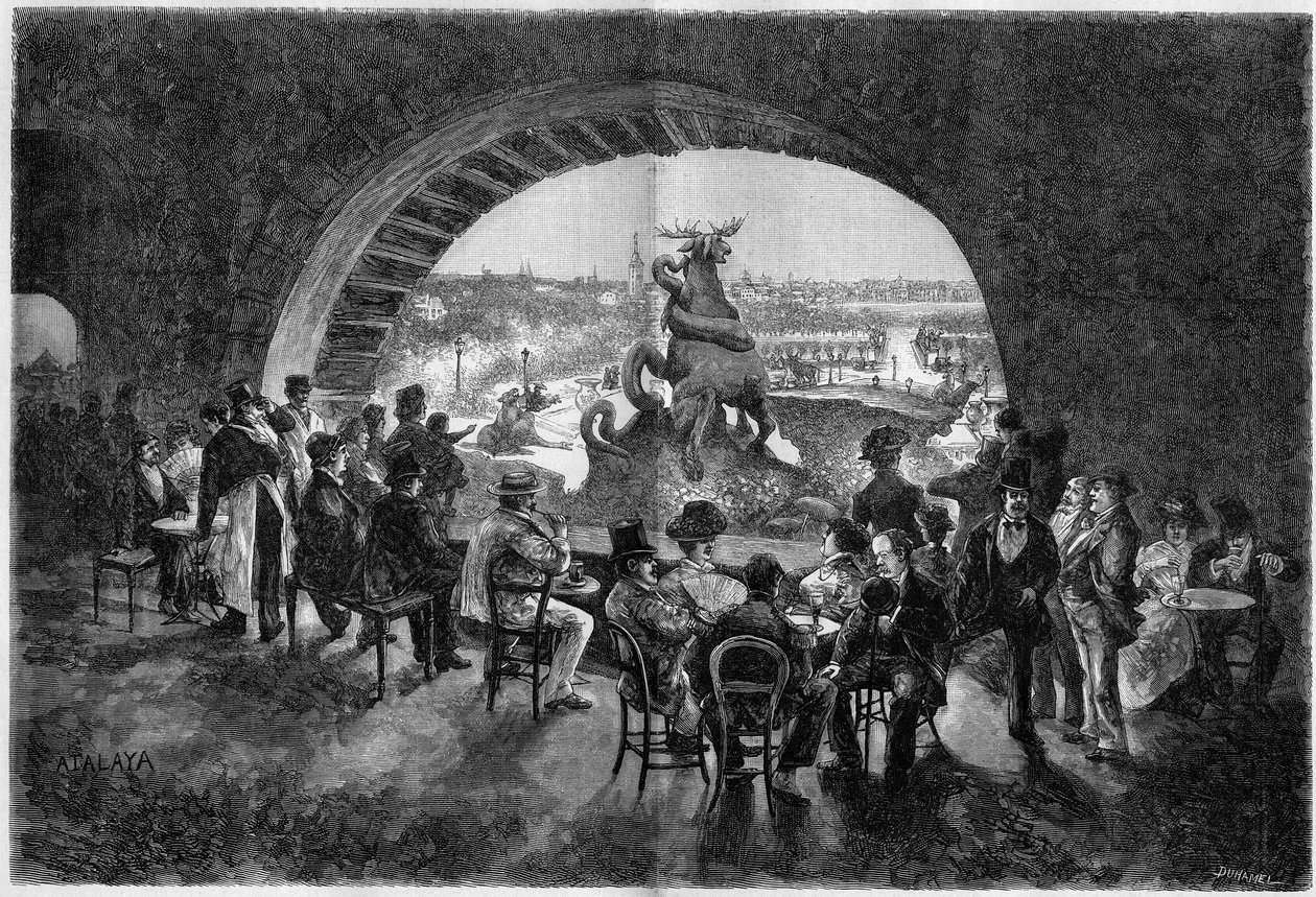 Undersiden af ​​vandfaldet i Trocadero-haven under den store varme i Paris, hvor parisiske vandrere kommer for at sidde i det kølige. Indgravering i ""The Illustrious World"" af Unknown artist