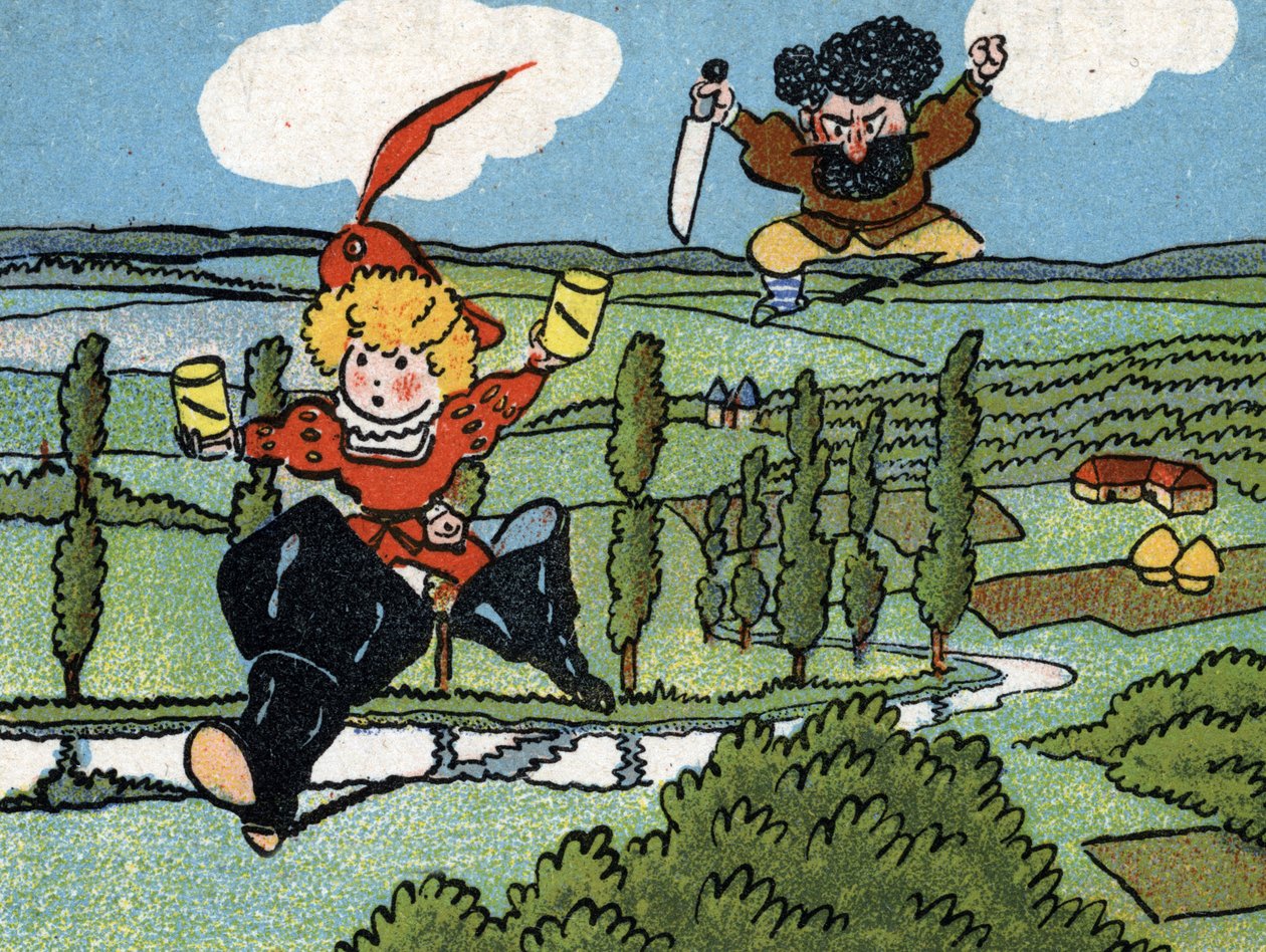 Le petit poucet jaget af trolden, efter at han har stjålet hans syvmilestøvler (Hop-o-my-Thumb eller ittle Thumbling, Little Thumb, eller Little Pouket, eventyr af Charles Perrault) Kromolitografi fra begyndelsen af det 20. århundrede Privatsamling af Unknown Artist