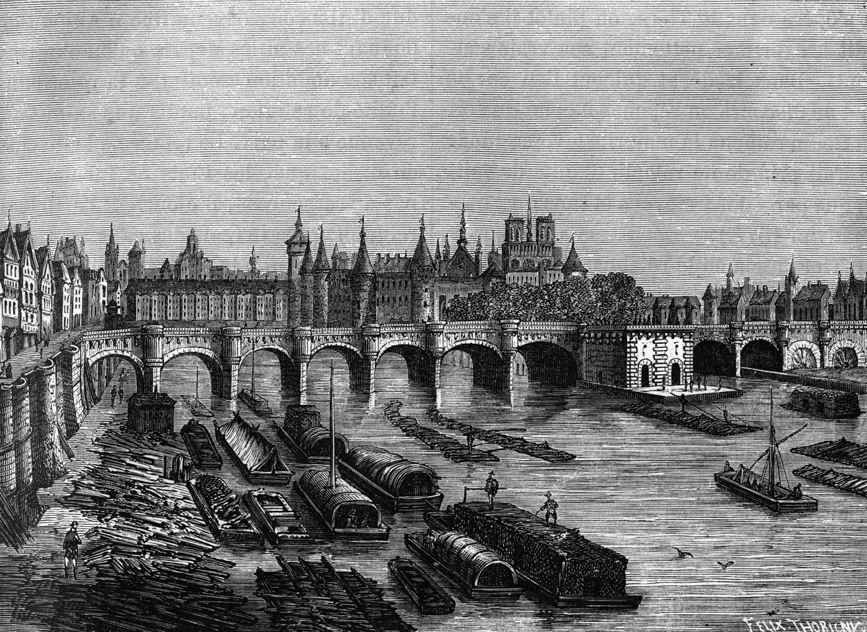 Pont Neuf i Paris under Henri III - i "" Histoire de France"" af Henri Martin, sd. 19. århundrede af Unknown artist