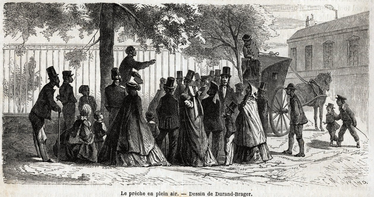 Le preche en plein air, i London, tegning af Durand Brager, for at illustrere En udflugt til Londons fattige kvarterer, i 1862, af L.Simonin. Indgravering i "" Le tour du monde"", redigeret af Edouard Charton af Unknown artist