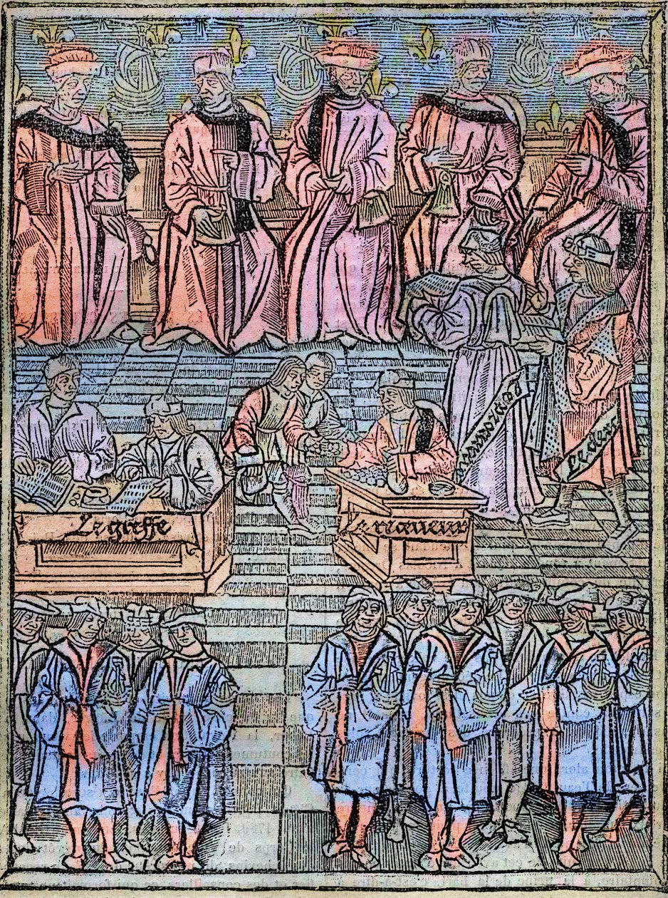 Le prevot des marchands et les echevins de Paris au 16eme århundrede gravering efter originalen fra 1528 - Provost for købmænd og rådmænd i Paris, scene for skatteopkrævning, titelblad fra 
