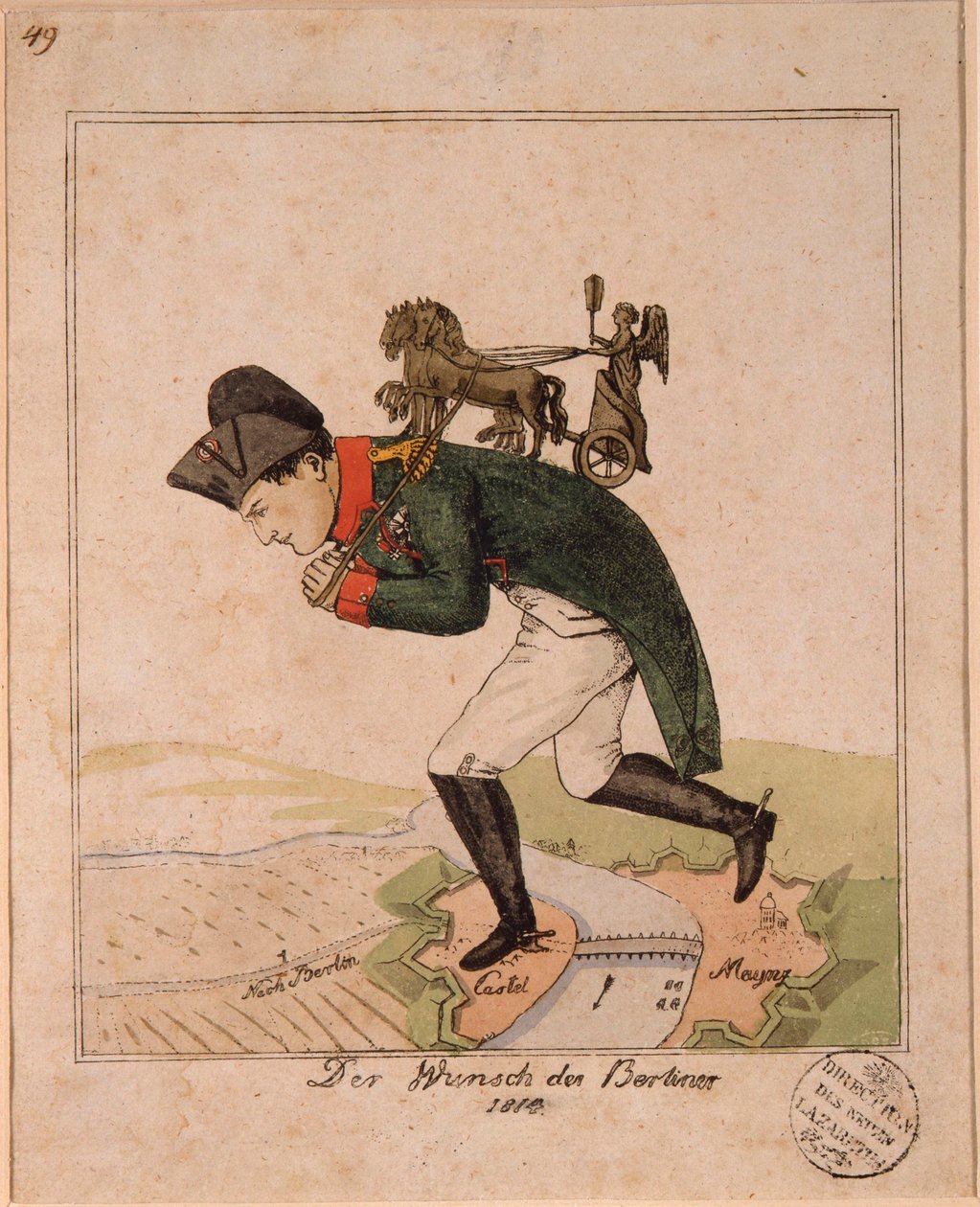 ""Berlinernes ønske"" (Berlinernes ønske) Karikatur, der repræsenterer kejser Napoleon I (1769-1821) bærende på ryggen af ​​Brandenburger Tors quadriga for at krydse Mainz under belejringen af ​​fæstningen Anonym karikatur af Unknown artist
