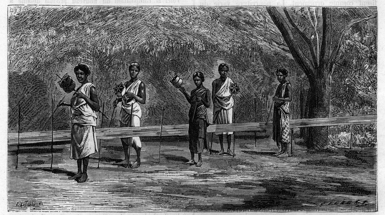 Vævning i Indien: forberedelse af kædetrådene (vridningsoperation) Indgravering af 1883. i “La Nature. Gennemgang af videnskaber og deres anvendelser til kunst og industri." af Unknown artist