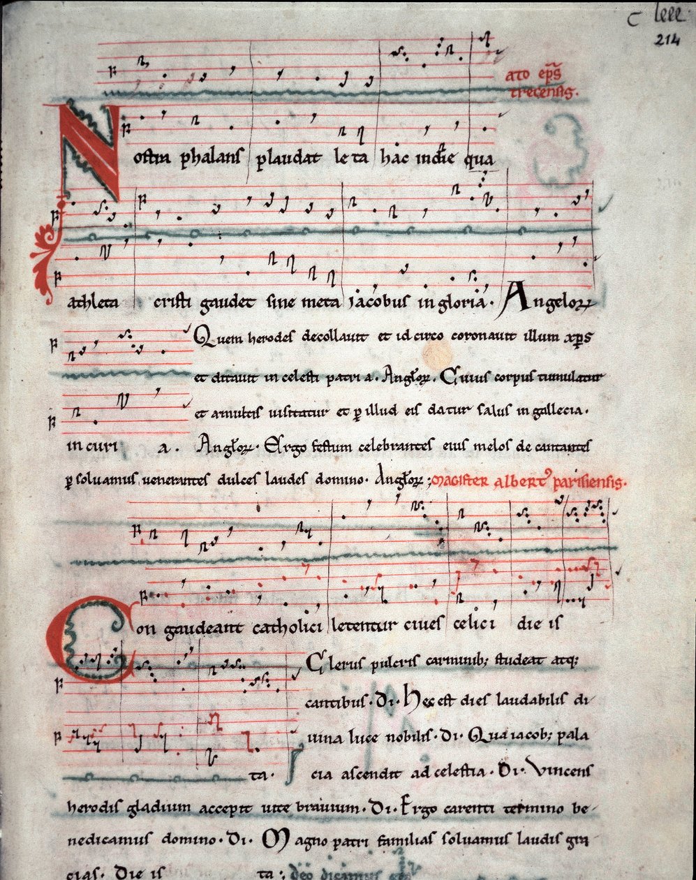 Folder med en pilgrimsguide med sangtekster fra pilgrimsrejsen til Santiago de Compostela (Santiago de Compostella) Fol. 214 r. Fra et manuskript fra 1200-tallet. Arkiv for katedralen i Santiago de Compostela (Santiago de Compostela), Spanien af Unknown artist