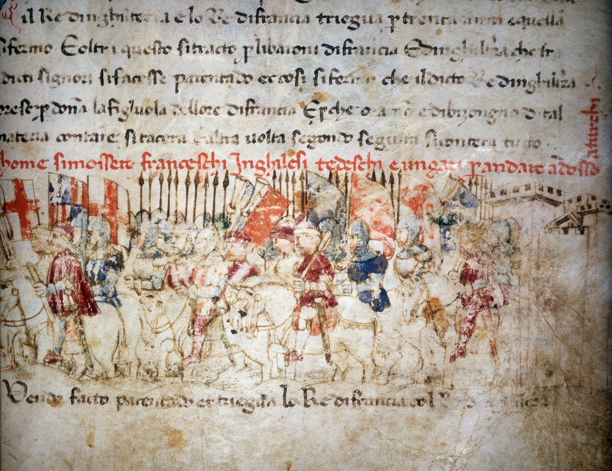 Liga af franskmænd, englændere, tyskere og ungarere mod tyrkerne i 1391 - i "" Croniche del Sercambi"", omkring 1400. Nationalarkiv, Lucca. af Unknown artist