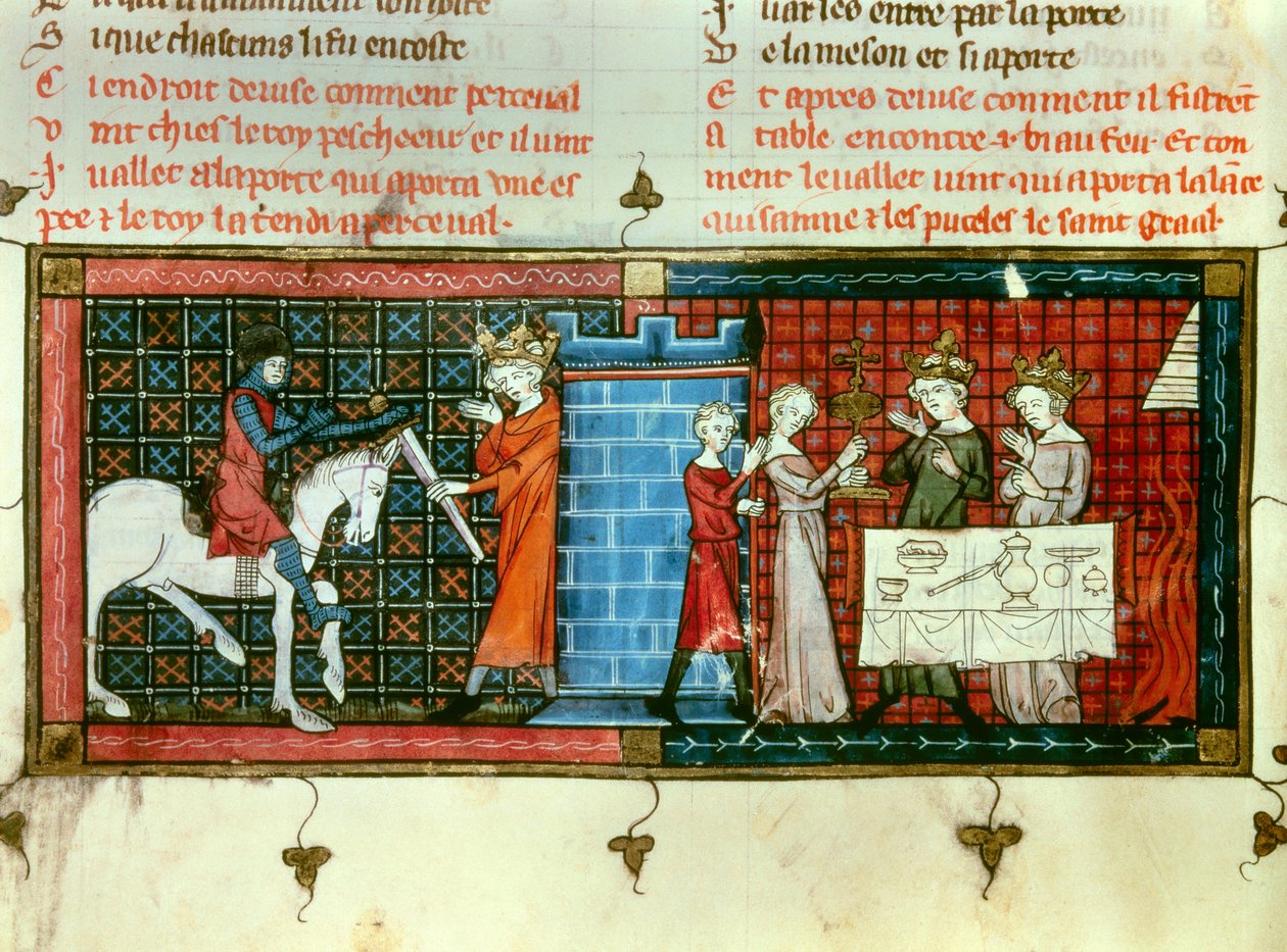 Til venstre: Perceval modtager et sværd fra kong Pescheor. Til højre: Procession af den hellige gral. Miniature fra "" Tale du Grail"" af Unknown artist