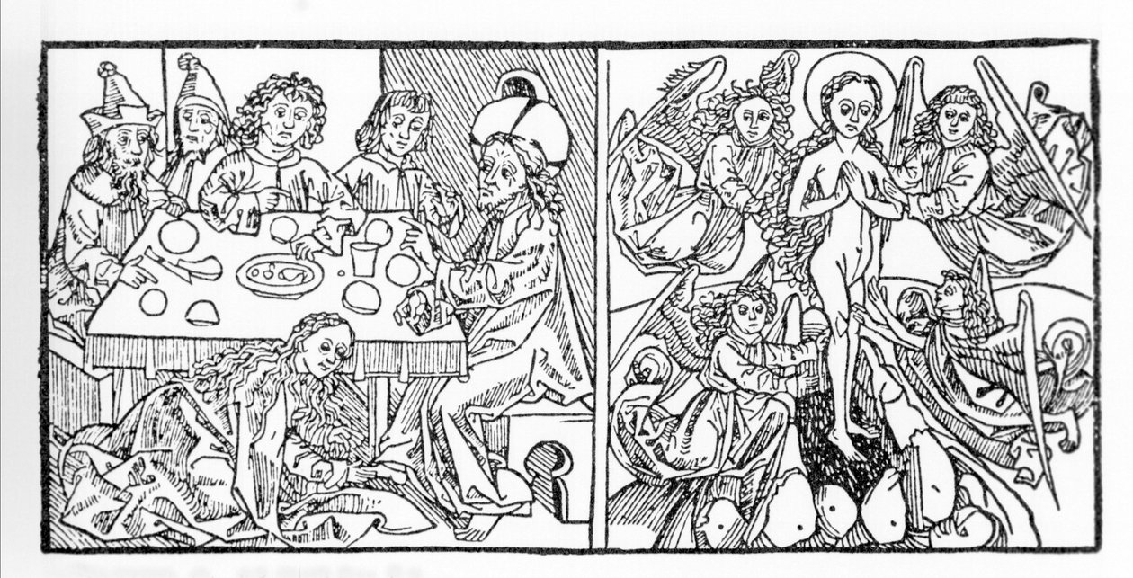 Til venstre: Den hellige Maria Magdalene tørrer Jesu fødder med sit hår. Til højre: Sankt Maria Magdalena stiger op til himlen. Manuskript fra 1488 trykt i Nürnberg. Gravering fra "Leben der Heiligen - sommerteil" (Helgenbogen) af Jacobus (James) af Vora af Unknown artist