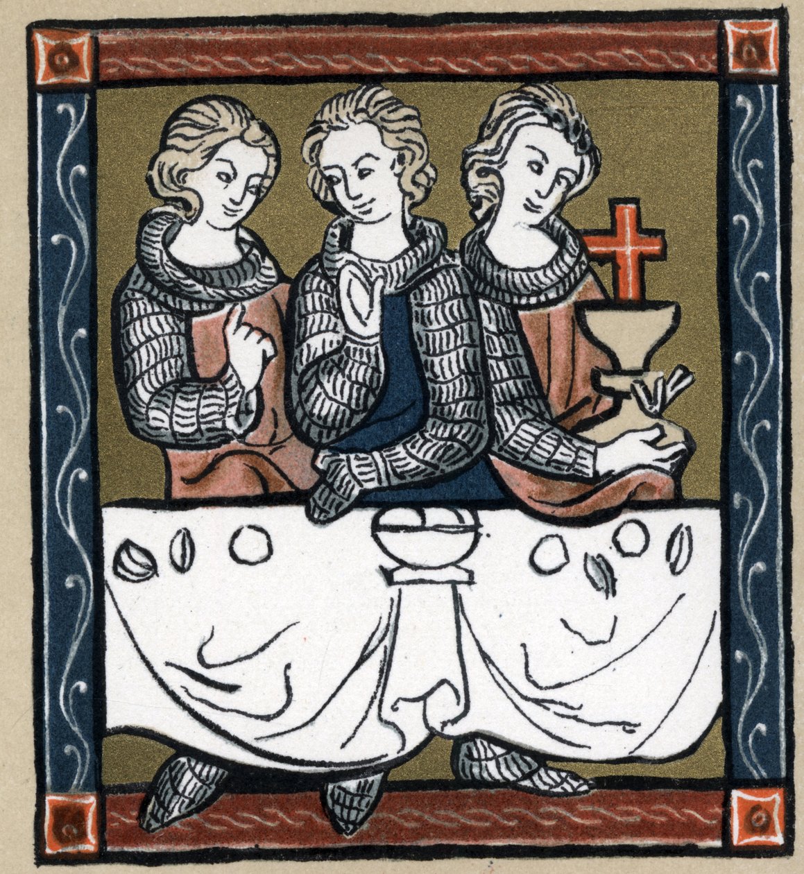 Legend Arthurian: Galahad (Gaalad eller Galaad), Perceval og Bohort (Bors eller Borrt) med den hellige gral. I "History of French Literature" af Hermann Suchier af Unknown artist