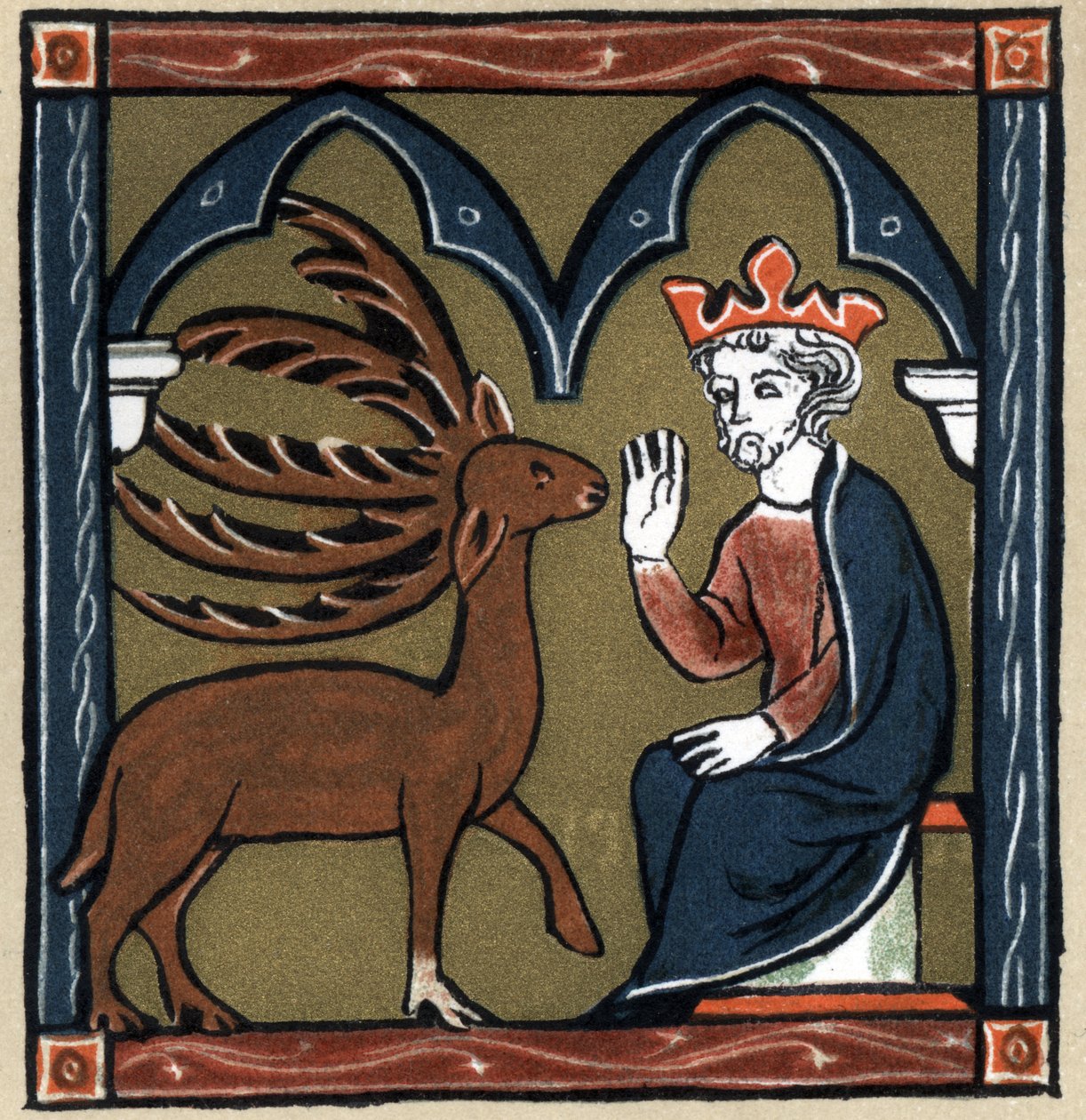 Legend Arthurian: Merlins metamorfose i hjorte med fem skove besøger Jules Cesar. I "History of French Literature" af Hermann Suchier af Unknown artist