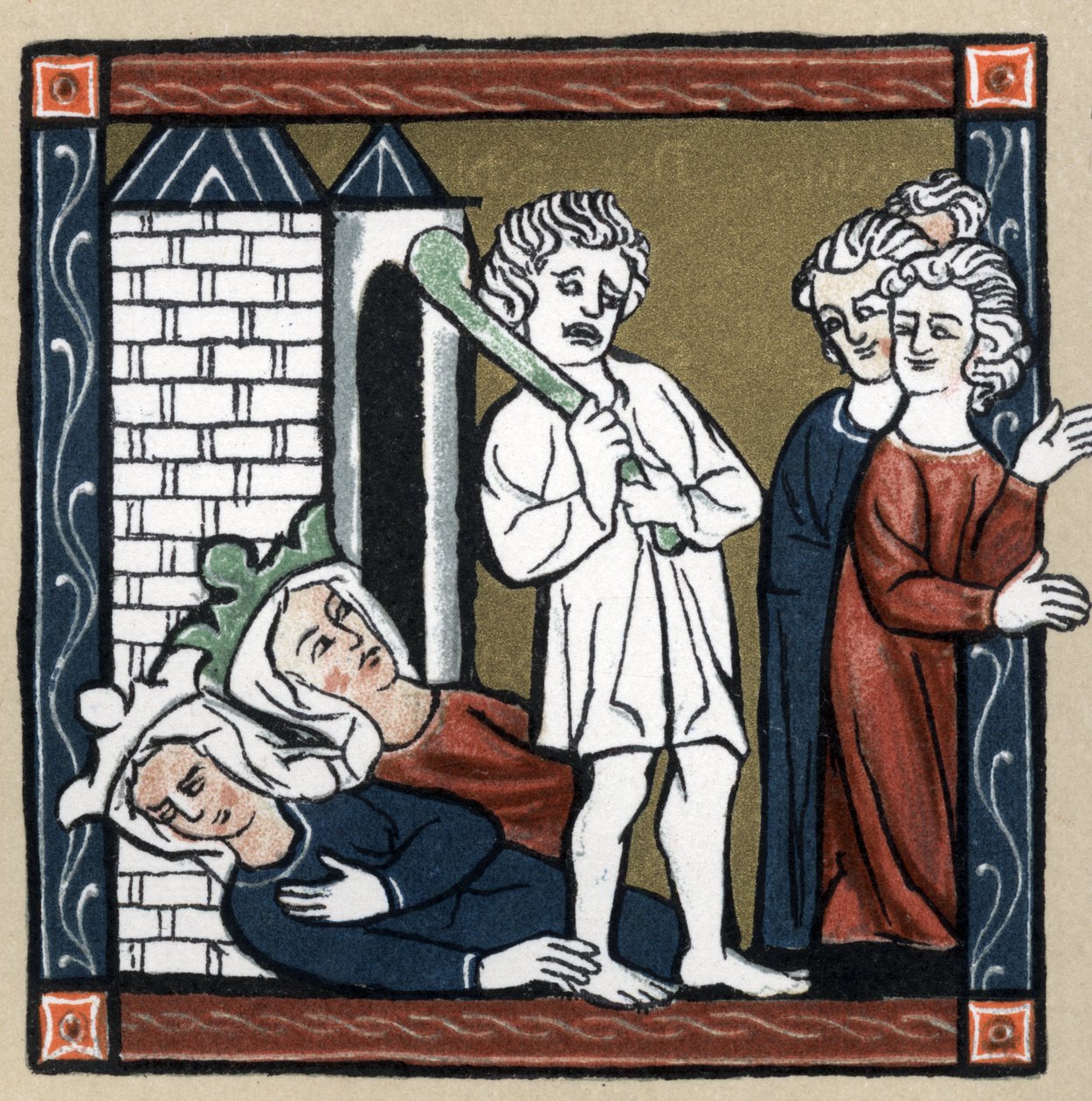 Legend Arthurienne: Lancelot du lac leverer Dronning Guenievre og hendes ven af ​​slottet, der falder, besvimede, og indbyggerne flygter. I "History of French Literature" af Hermann Suchier af Unknown artist
