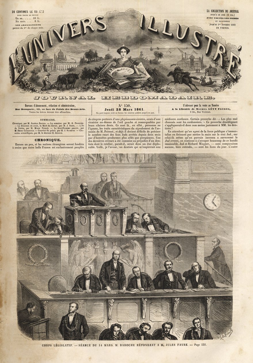 Lovgivende organ - samling den 14. marts 1861 - Pierre Jules Baroche (1802-1870) svar på Jules Favre (1809-1880) - det illustere univers i 1861 af Unknown artist