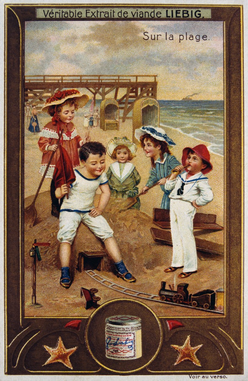 Leibig-kort med franske børn på stranden 1890 af Unknown artist