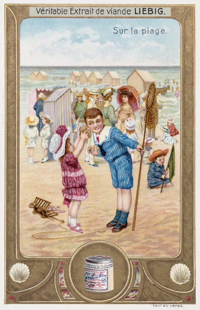 Leibig-kort med franske børn på stranden 1890 af Unknown artist