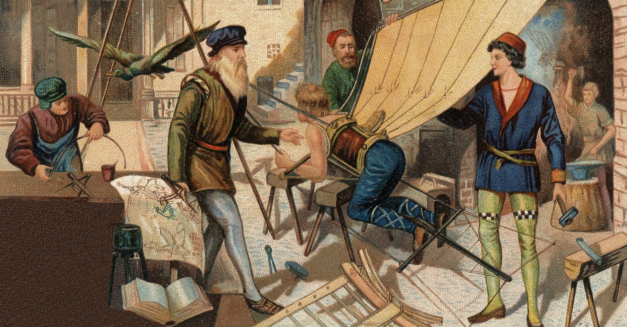 Leonardo da Vinci (Leonard de Vinci 1452-1519) eksperimenterer med sin flyvemaskine. Kromolitografi af det 19. århundrede. af Unknown artist