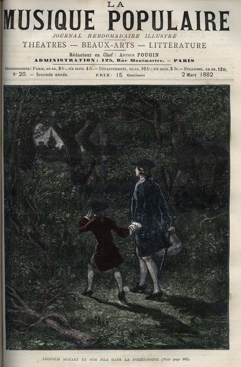 Leopold Mozart og hans søn Wolfgang Amadeus i den sorte skov - Leopold Mozart og hans søn Wolfgang Amadeus i den sorte skov i Tyskland - indgravering i "" Populærmusik""" berømte ugeavis - 1882 af Unknown artist