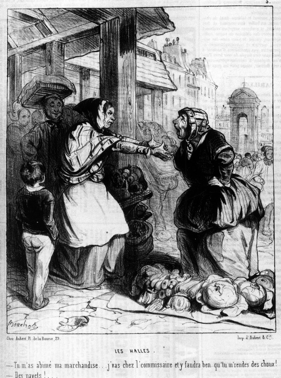 Les Halles - Marchandes skændes i Halles de Paris, -i "" Charivari"" af 14/10/1844. af Unknown artist