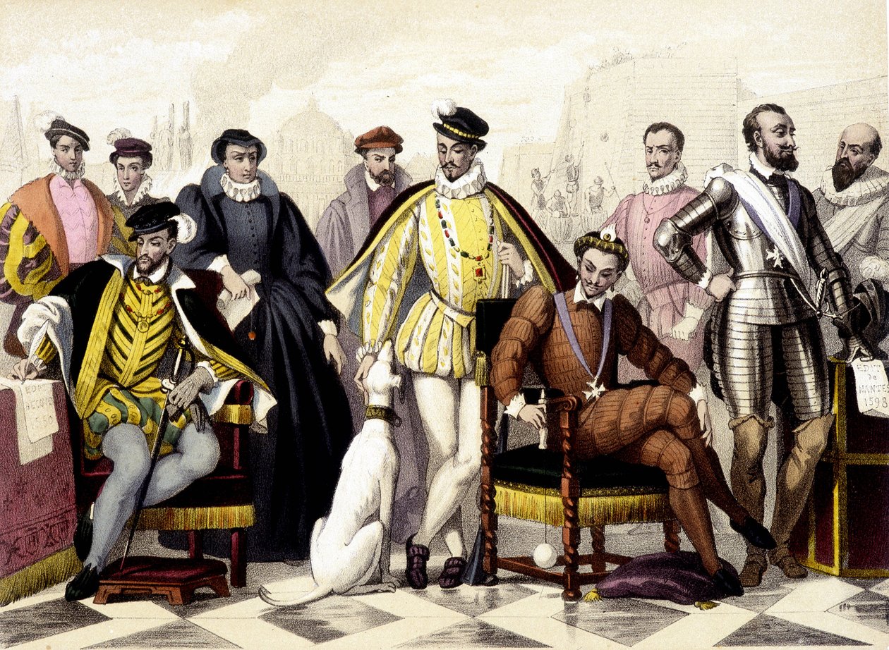 Les Valois - Fra 1547 til 1589. Henrik II, Catherine de Medici (Caterina de Medici), Charles IX, Henry III, Henry IV. Indgravering af det 19. århundrede. af Unknown artist
