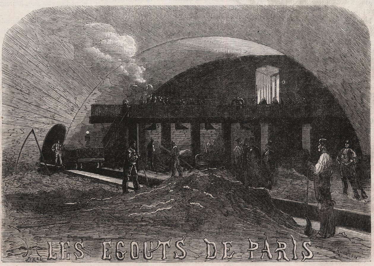 Kloakkerne i Paris: det store kammer og smedeværkstederne Notre Dame-broen (Notre-Dame) - Indgravering i ""Le Monde Illustré"" af Unknown artist