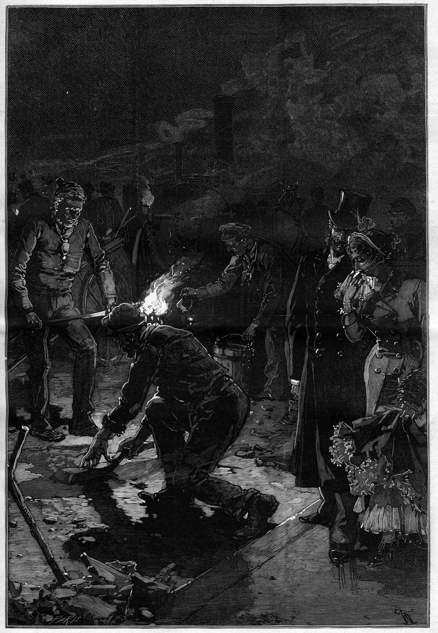 Arbejderne lægger bitumenet nær det franske teater (Theatre-Francais eller Comedie-Francaise (Comedie Francaise)) i Paris