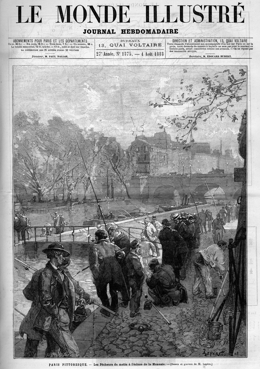 Morgenfiskere ved Monnaie-slusen i Paris. Indgravering i ""The Illustrious World"" af Unknown artist