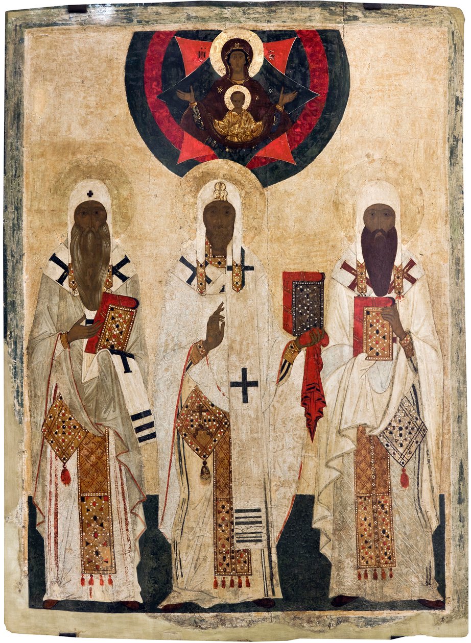 Les trois saints eveques de Rostov: Isaie (mort en 1090), Leonce (mort en 1077), Ignace (mort en 1288) - Russisk ikon: De tre helgenbiskopper af Rostov: Esajas, Leontius og Ignatius. Tempera på panel, slutningen af det 15. århundrede, Statens Friluftsmuseu af Unknown artist