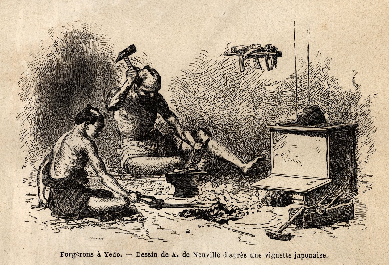 Lad os smede foran deres smedje i Yedo (eller Edo, den kejserlige hovedstad, det nuværende Tokyo). Indgravering til illustration af rejsen til Japan i 1863-1864 af Aime Humbert, minister for Det Schweiziske Forbund, i "" Le tour du monde, nouveau journal d af Unknown artist