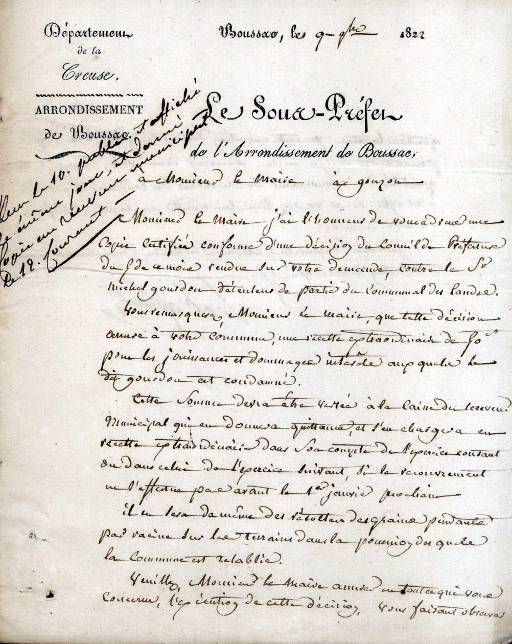 Brev fra underpræfekten i Creuse (arrondissement Boussac) til borgmesteren i Gouzon, 9. september 1822 af Unknown artist