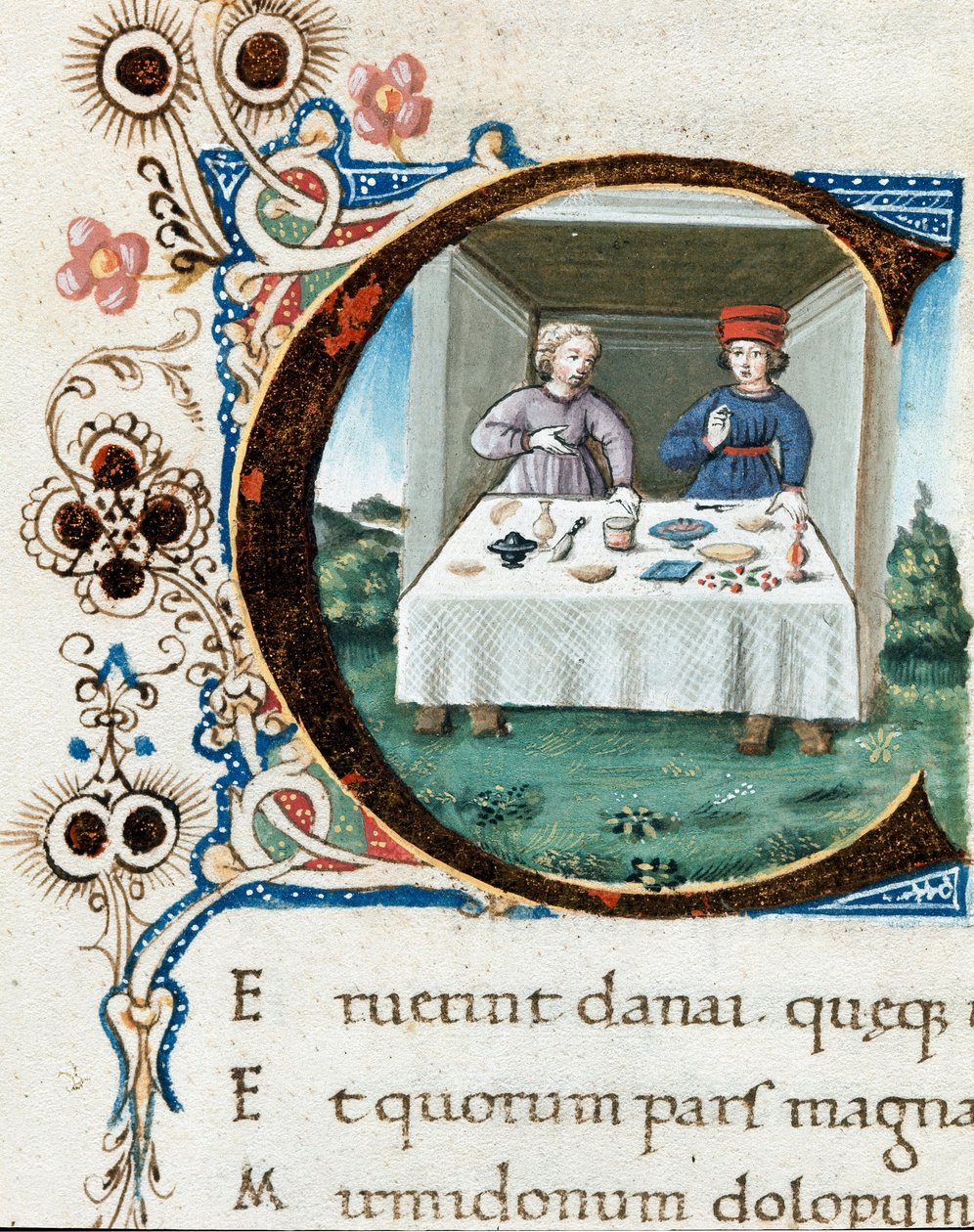 Brevpapir C dekoreret med et par ved bordet. Miniature taget fra "The Bucoliques"" (Eglogues) af Virgil (Publius Vergilius Maro) (70-19 f.Kr.) (ms.IV E.12) - 15. århundredes Napoli, Biblioteca Nazionale af Unknown artist