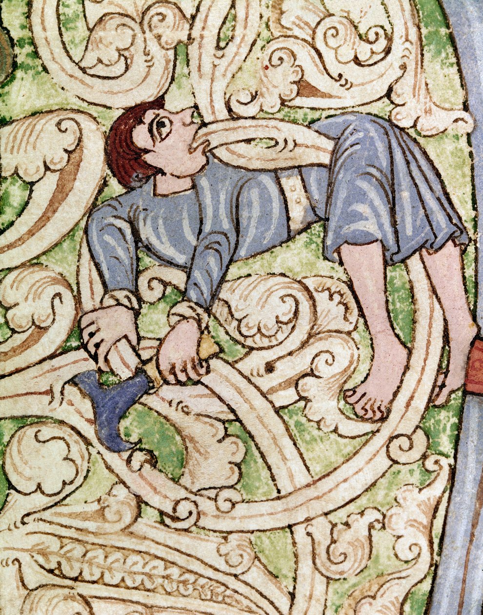 Lettrin C dekoreret af repræsentationen af en træmand. Miniature from a Bible (Gamle Testamente) (Ms 3088) Coimbra fra det 12. århundrede, Universitetsbiblioteket af Unknown artist