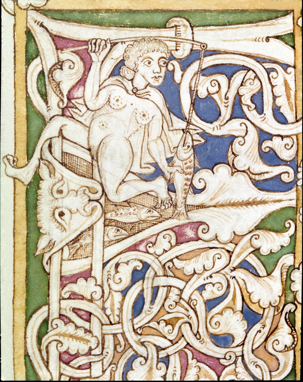 Lettrin P-dekoration af repræsentationen af en kvinde, der fisker en fisk. Miniature from a Bible (Gamle Testamente) (Ms 3088) Coimbra fra det 12. århundrede, Universitetsbiblioteket af Unknown artist