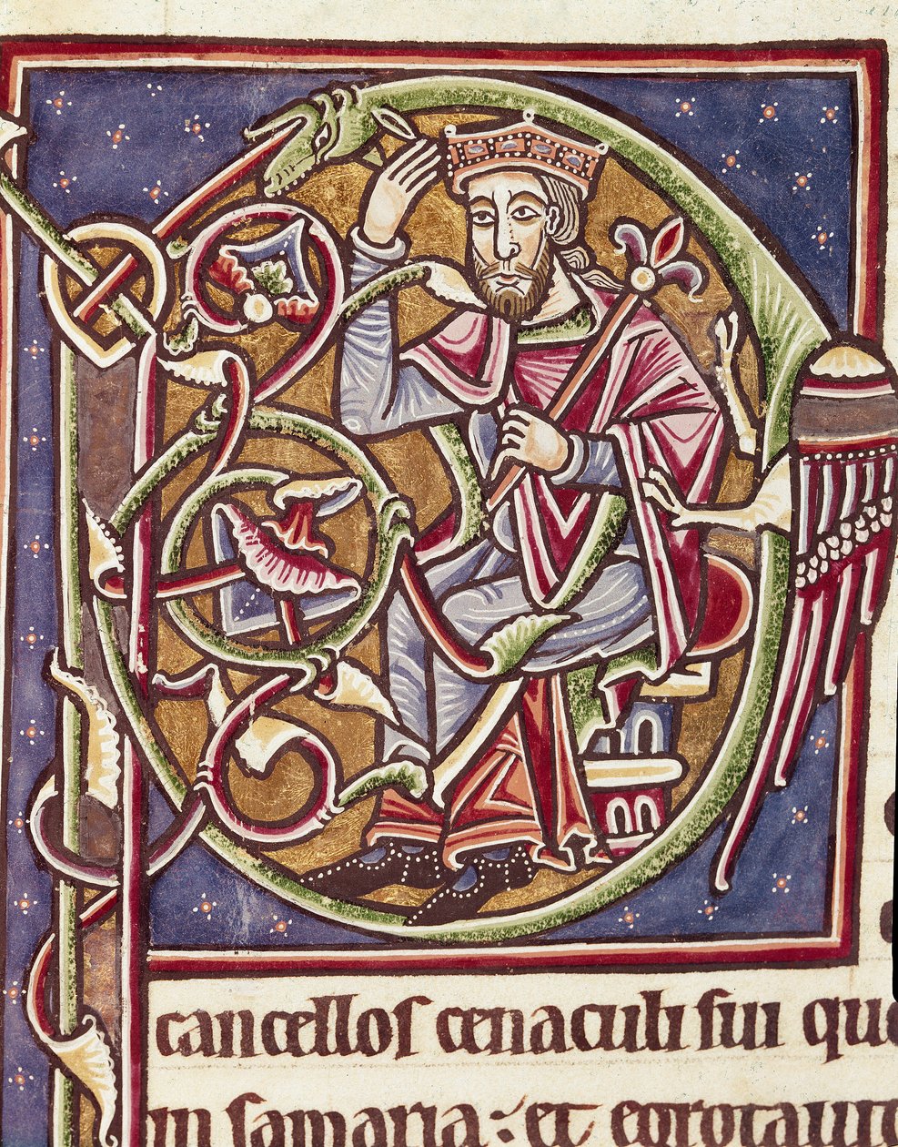 Lettrine P dekoreret af repræsentationen af kongen af landet Moab Miniature from a Bible (Ms 3088) Coimbra fra det 12. århundrede, universitetets bibliotheque af Unknown artist