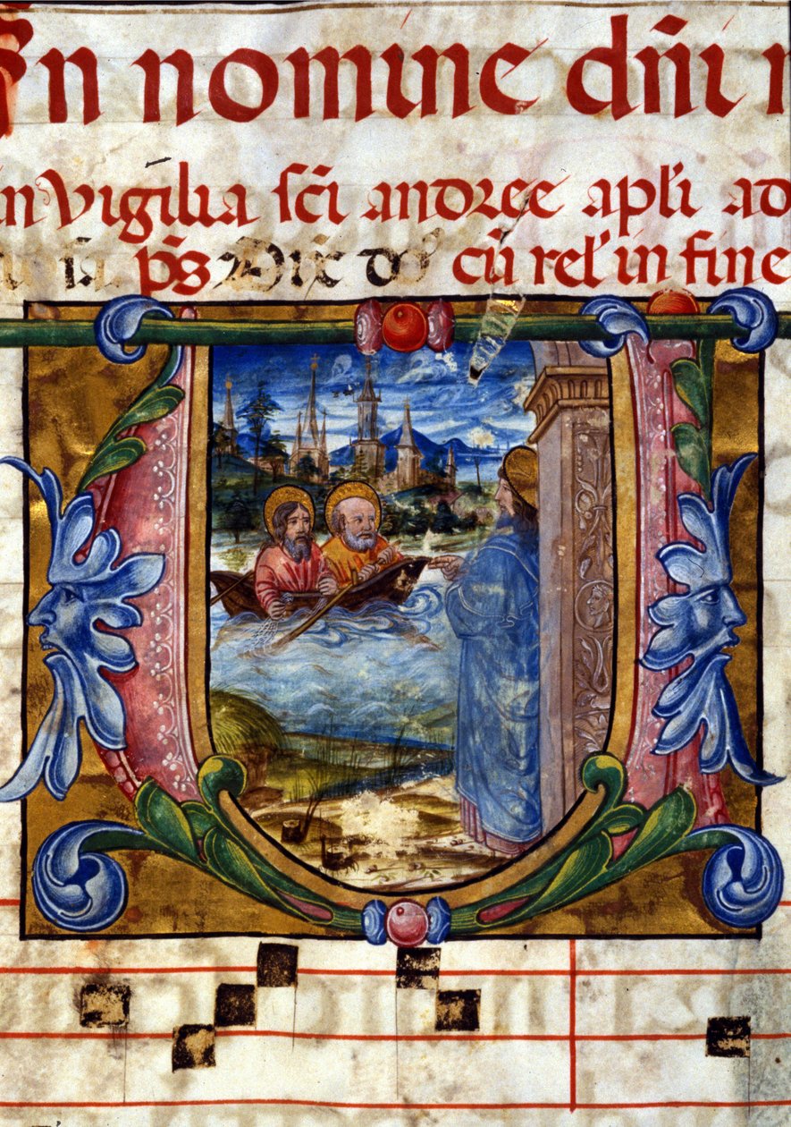 Lettrin af et 1400-tals kor. Kristi tilsynekomst efter hans opstandelse til vantro undskyldninger ved Tiberias-søen. Biblioteca nazionale Braidense, Milano. af Unknown artist