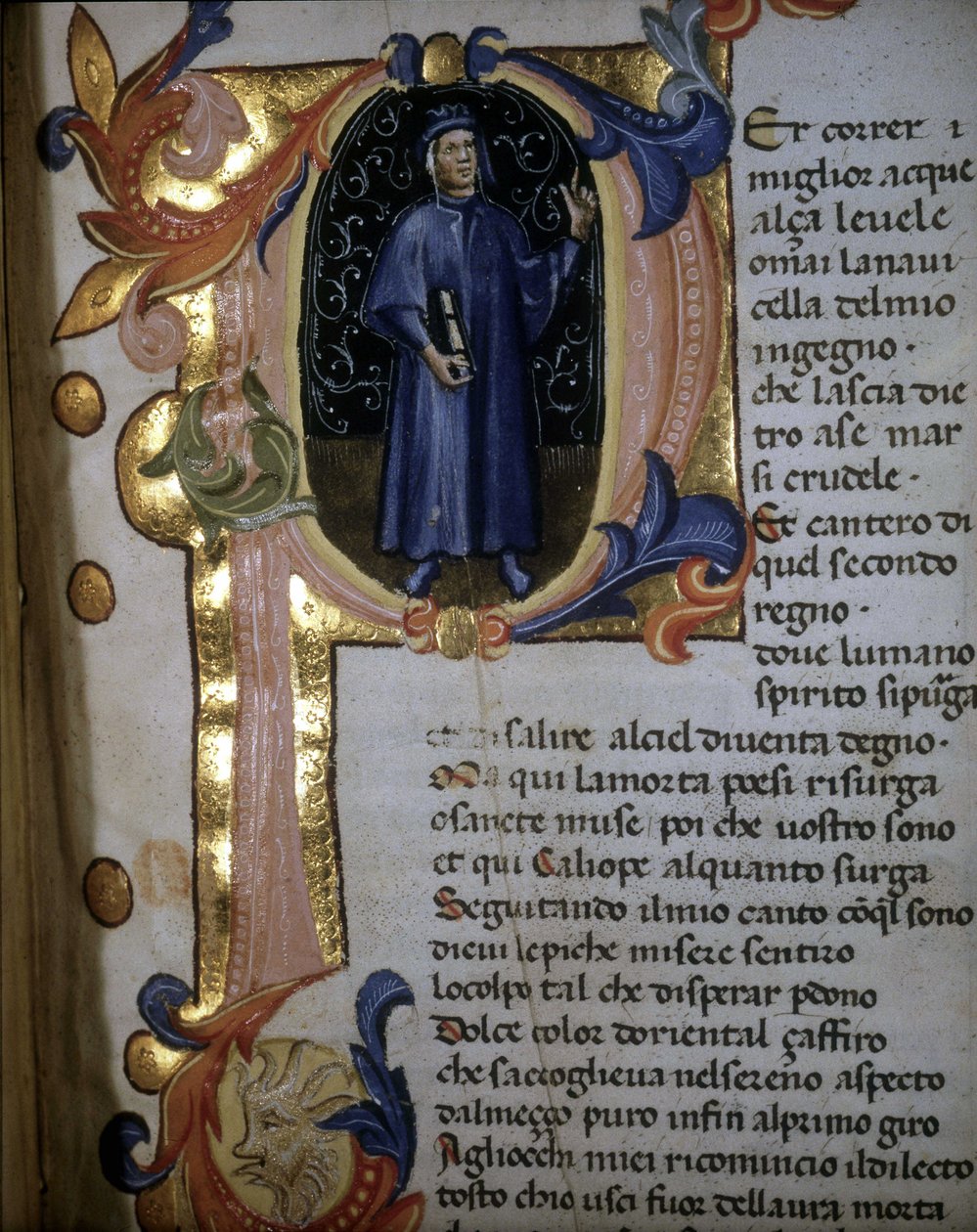 Lettrine "" p" fra et manuskript af "Den guddommelige komedie". Begyndelse af "" skærsilden". Belysning af Dante Alighieri. 14. århundrede. Braidense. af Unknown artist