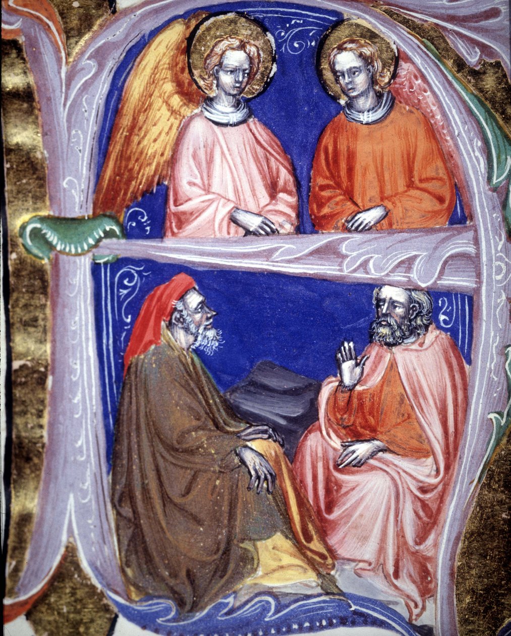 Lettrine, der repræsenterer engle og filosoffer, der diskuterer - i De civitate dei de St Augustine. 14. århundredes manuskript. Kommunal Bibl. af Rimini. af Unknown artist