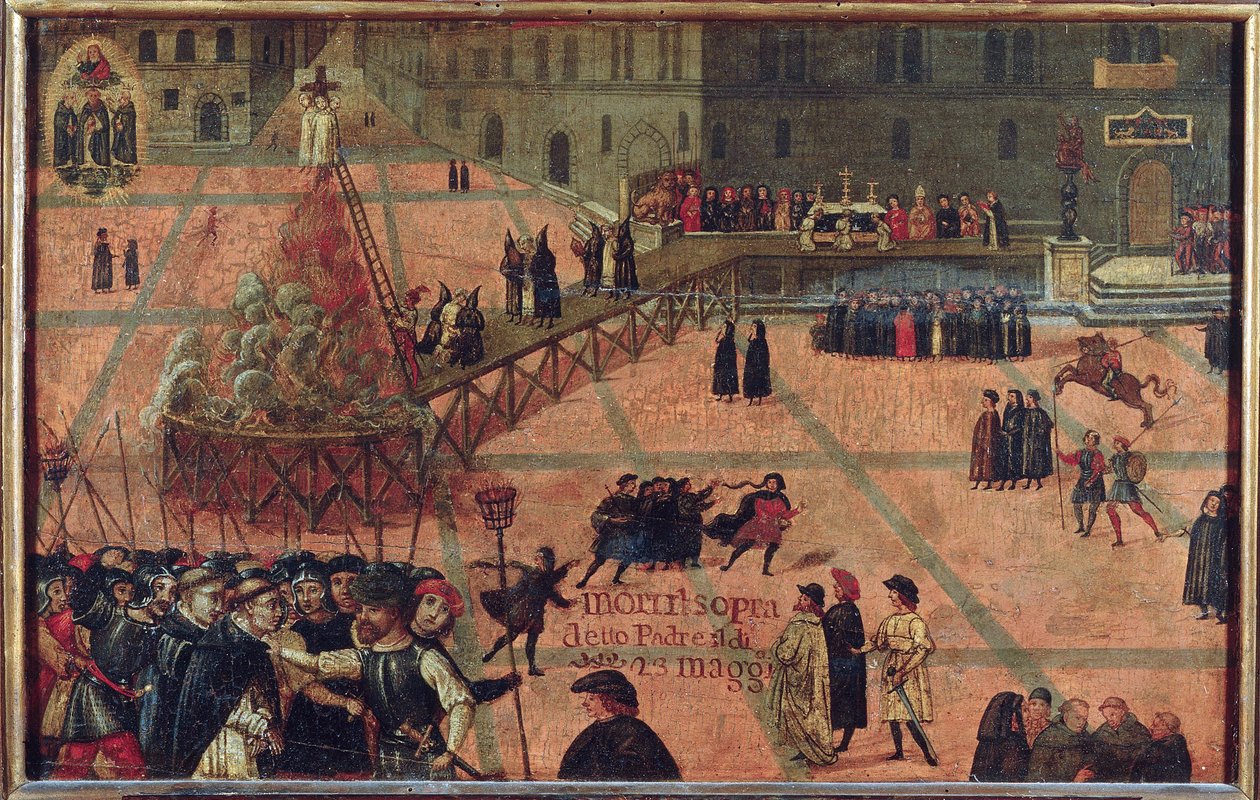 L"" henrettelse af Jerome Savonarole, Firenze 1498 - Girolamo Savonarolas henrettelse på Piazza della Signoria i Firenze i 1498 - Anonym. Olie på træ af Unknown artist