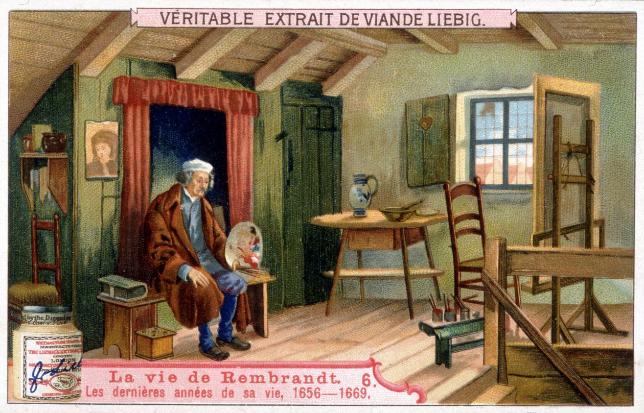 Liebig-kromolitografi om Rembrandts liv (1606/1669), hollandsk maler. Her de sidste år af hans liv 1656-1669. af Unknown artist