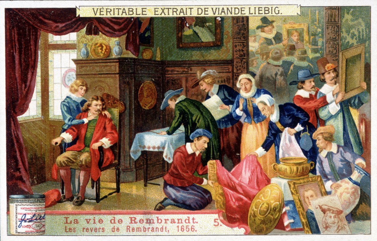 Liebig -kromolitografi om Rembrandts liv (1606 - 1669), hollandsk maler. Dette er Rembrandts tilbageslag i 1656. af Unknown artist