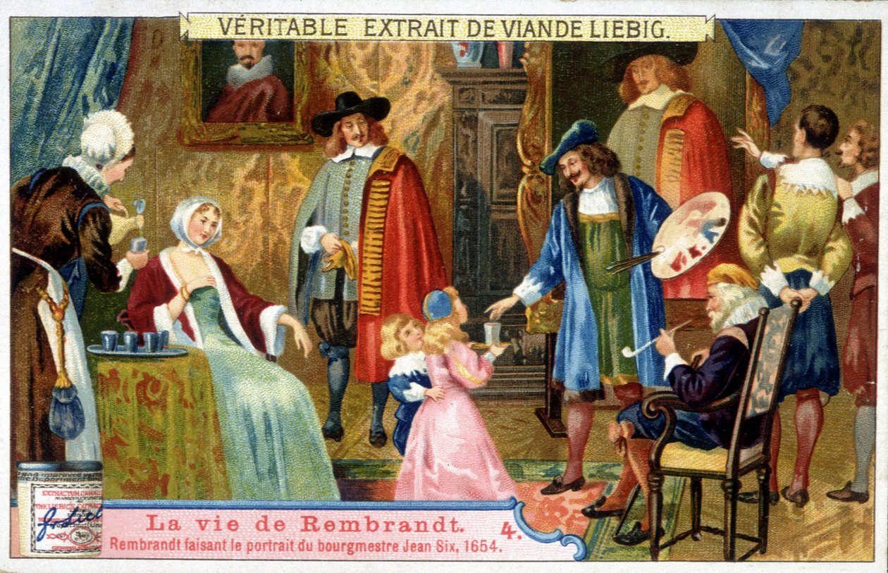 Liebig-kromolitografi om Rembrandts liv (1606 - 1669) hollandsk maler, her portrætterende borgmester Jean Six i 1654. af Unknown artist