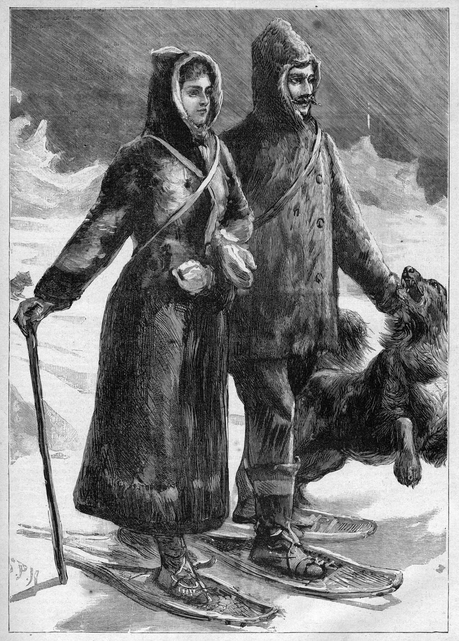 Løjtnant Robert Edwin Peary (1856-1920) i Grønland med sin hustru - indgravering i "Le Journal des voyages"" af 1894 af Unknown artist