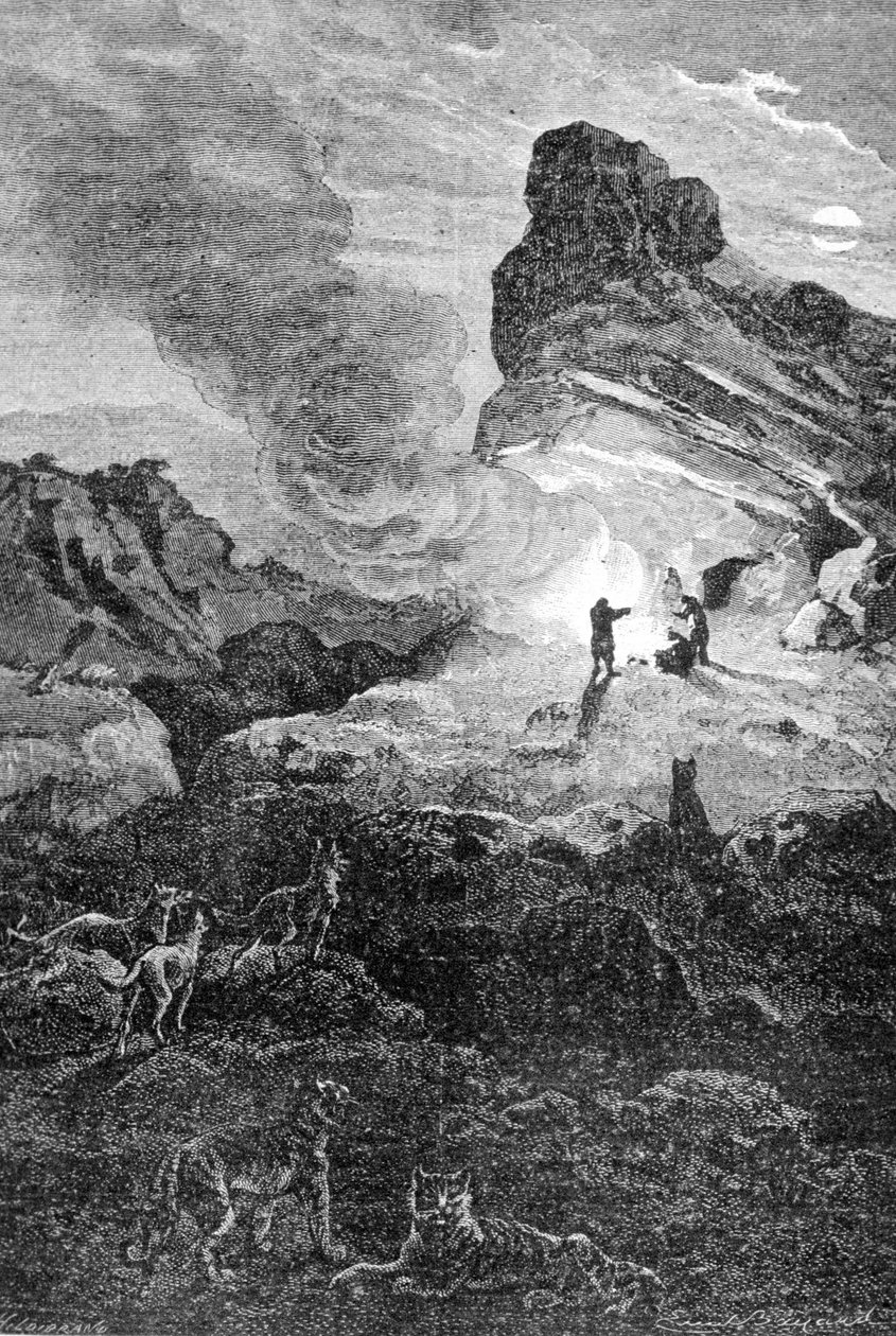 Livet i palæolitikum. 1800-tals gravering. af Unknown artist